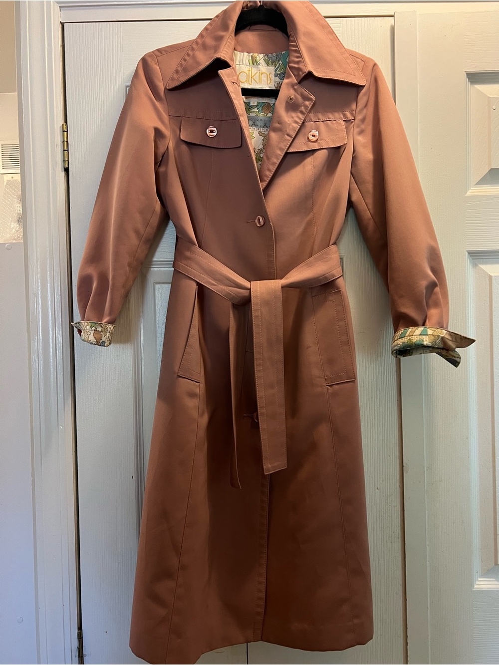 Vintage 1970s Roos Atkins Rose Pink Trench Coat Mod Flapper Girl Novelty Lining